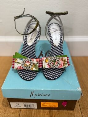 Marciano Navy Gingham Floral Bow Ankle-Strap Heels